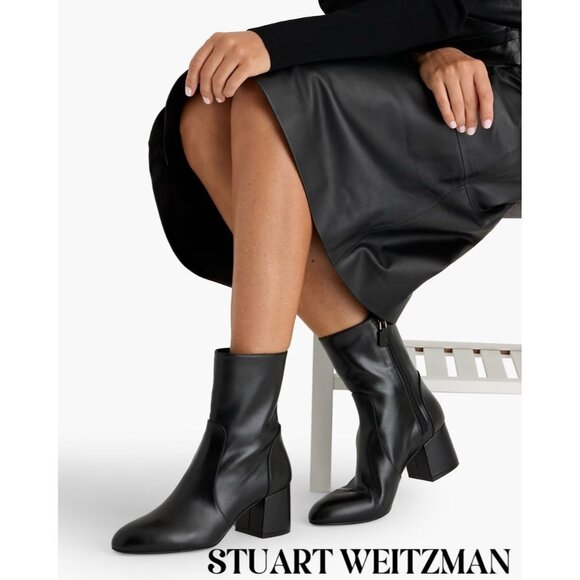 Stuart Weitzman Flareblock 60 Ankle Boots Heels Black Leather US 10.5 made Spain - Picture 1 of 14